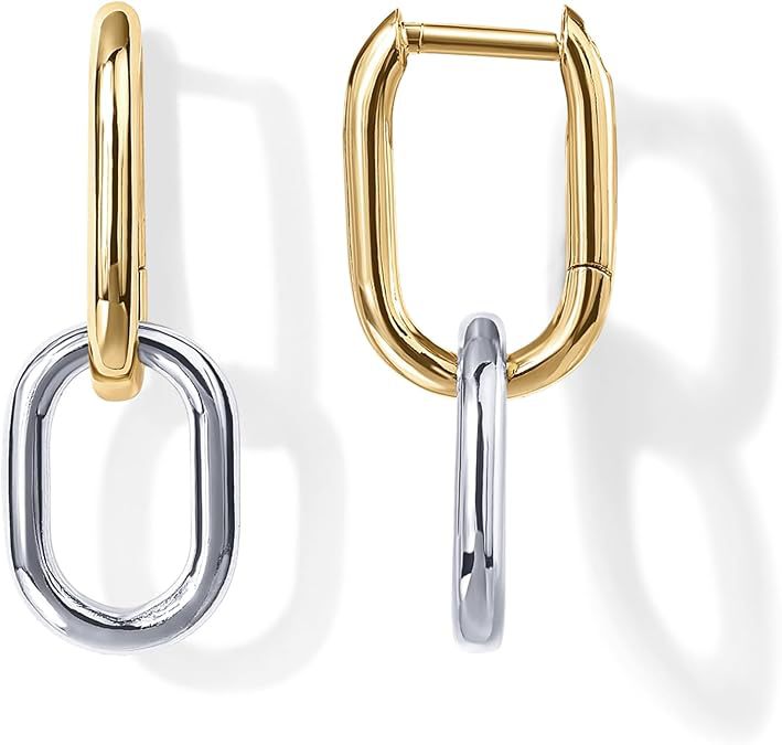 Double Rectangle Link Hoop Earrings, Smooth/Twisted/Pave Crystal Multi-Style Geometric U-Link Click Hoops Gold Silver Rose Gold Minimal Jewelry