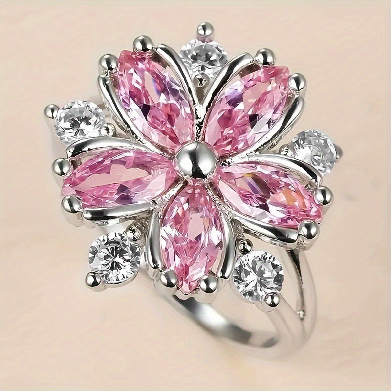 Pink Diamond Cherry Blossom Jewelry Set, Necklace Ring Earring 3‑Piece Kit