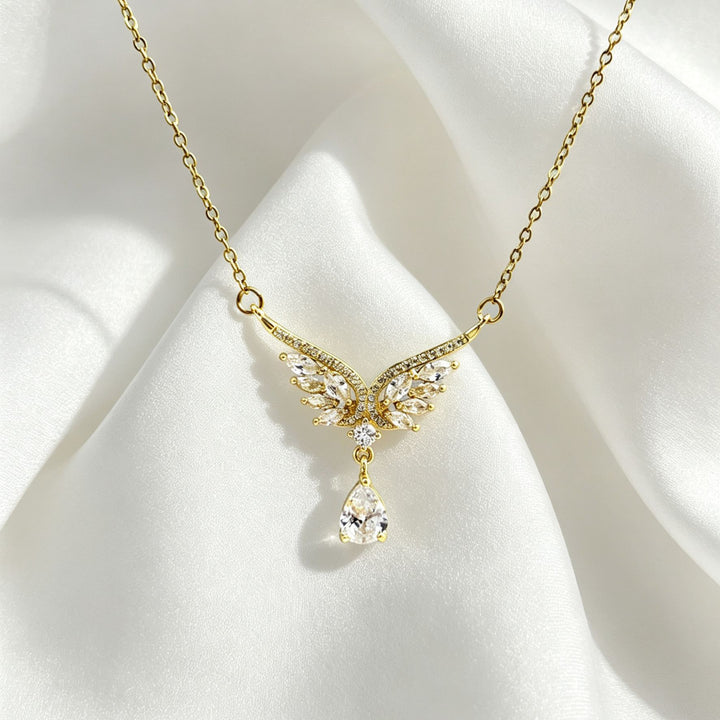 Angel Wing Teardrop Diamond Collarbone Necklace, Multiple Wing Styles Pink & White Diamond 14K Gold Plated Dainty Ladies Necklace