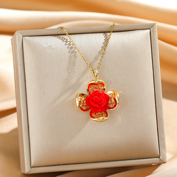 Velvet Red Rose Series Gold-Plated Collarbone Necklaces, 4 Styles Vintage Romantic Rose Pendant Thin Chains, Valentine’s Day Gift Jewelry