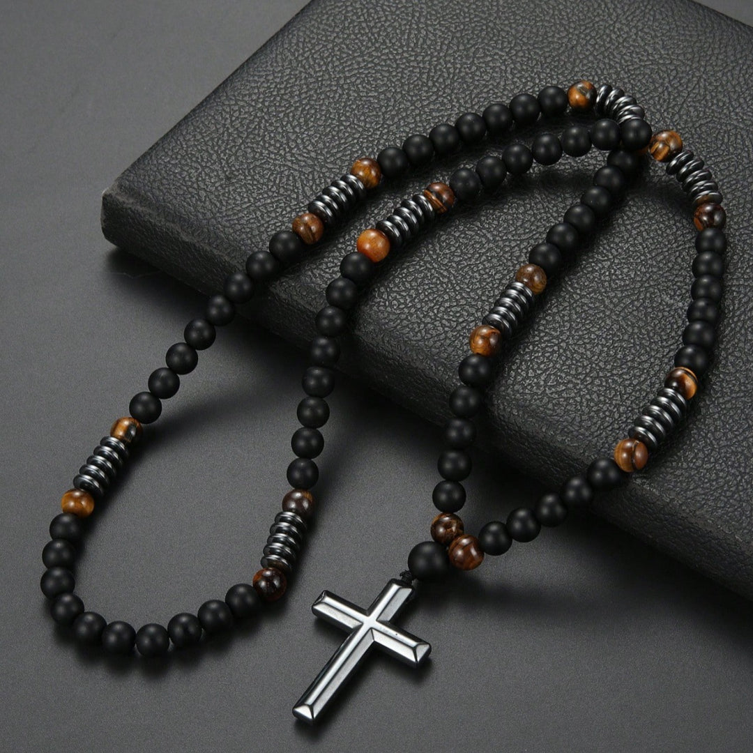 Matte Black Agate Cross Jewelry Set (Bracelet + Necklace)