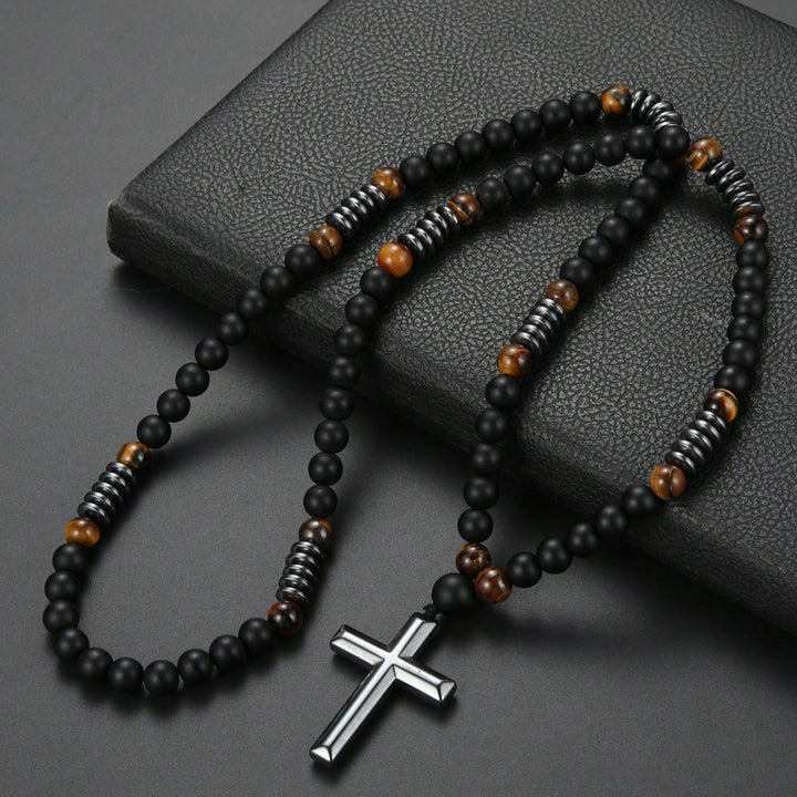 Matte Black Agate Cross Jewelry Set (Bracelet + Necklace)