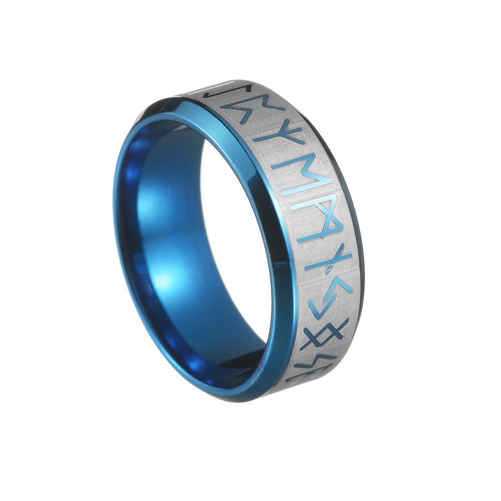 Viking Rune Two-Tone Matte Ring, S925 Silver Minimalist Unisex Couple Band, 4 Colors Gold/Silver/Black/Blue