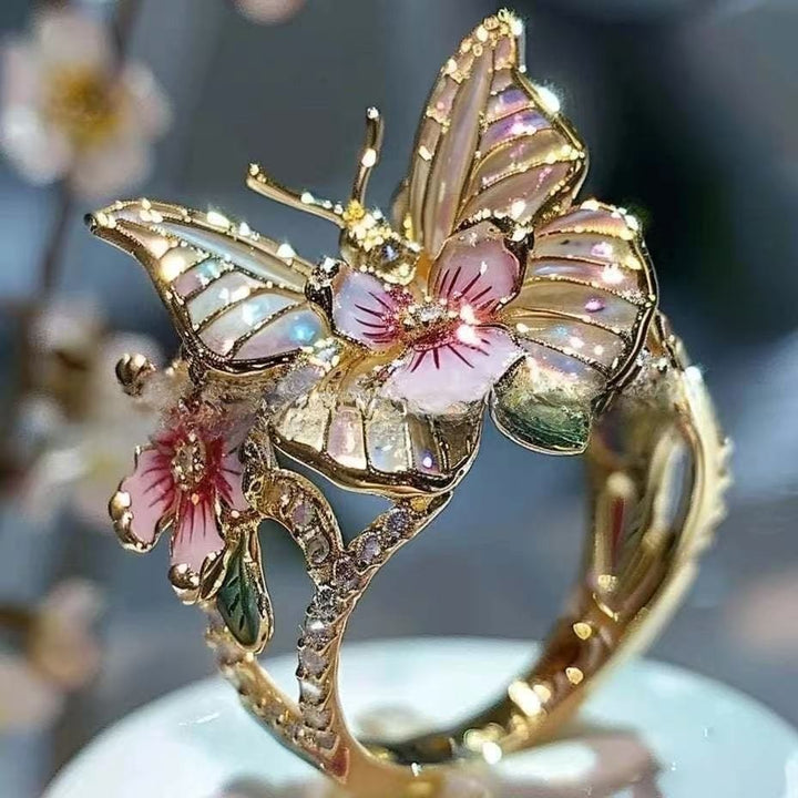 Enamel Butterfly & Flower 3D Open Ring, 3-Tone Vintage Forest Style Paved Diamond Artistic Statement Ring for Women