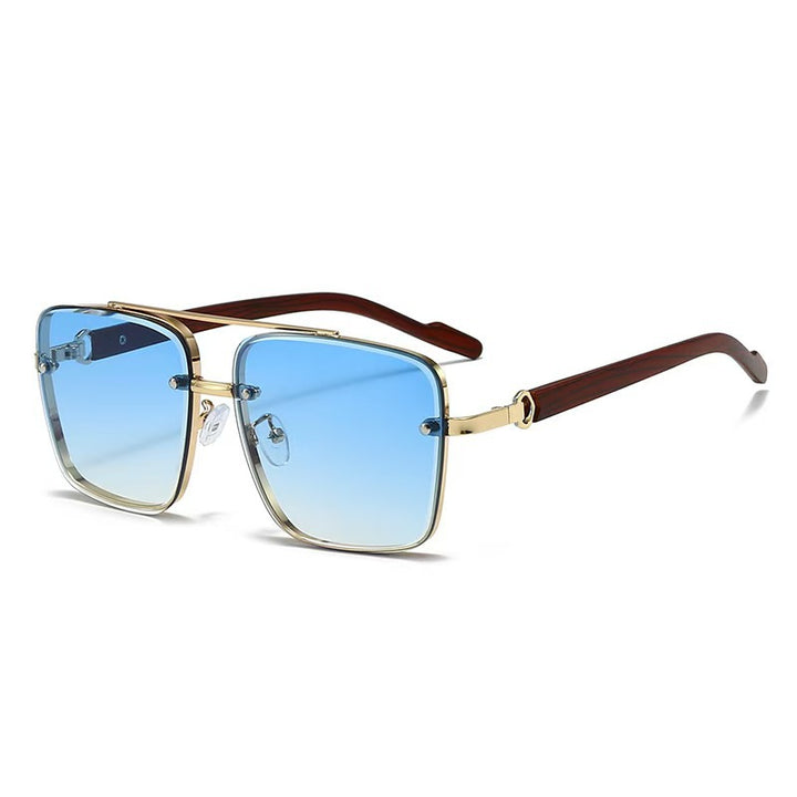 Vintage Double Rim Half-Rim Wood Grain Metal Aviator Sunglasses, Multi Gradient Lens Outdoor Shades