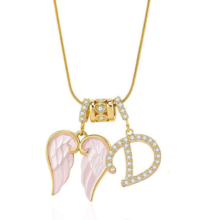 Pink Enamel Angel Wing Initial Necklace, Custom 26 Letters Gold Plated Diamond Pendant