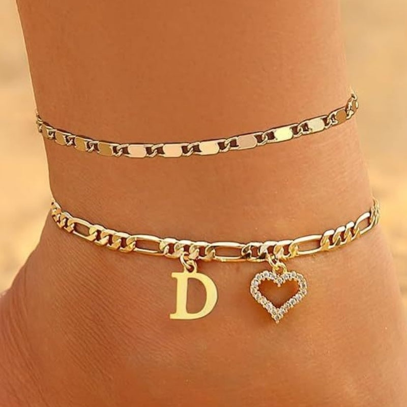 Double Layer Initial & Heart diamond Anklet (Gold Personalized Foot Jewelry)