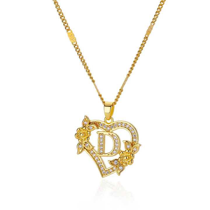 Vintage Flower Heart Pave Crystal Letter Necklace, 316L Stainless Steel 14K Gold Plated Luxury A-Z Initial Pendant Clavicle Chain Niche Jewelry