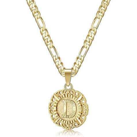 Vintage Lace Round 26 Letter Figaro Necklace, 14K Gold Plated Personal Initial Pendant Clavicle Chain