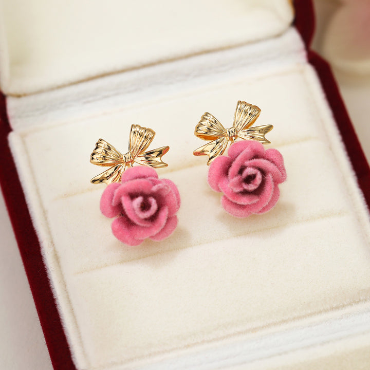 Flocking Rose Pearl Hook Earrings, Gentle Red & Pink Rose Diamond Long Dangle Earrings, Two Colors Available