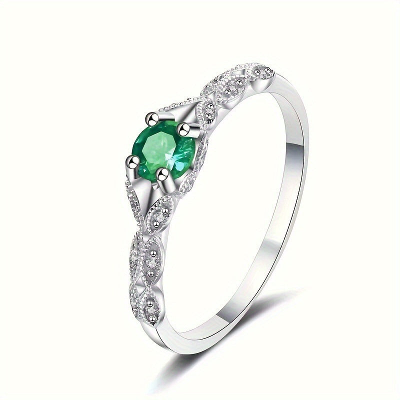 Four‑Prong Main Stone Leaf‑Shaped Pave Silver Ring, Multi‑Color Options