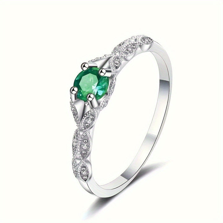 Four‑Prong Main Stone Leaf‑Shaped Pave Silver Ring, Multi‑Color Options