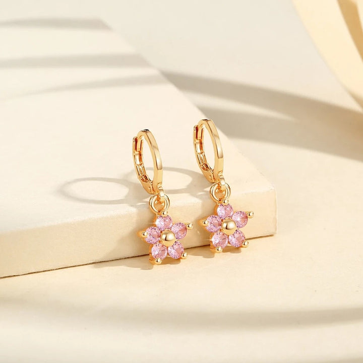 S925 Silver Paved Small Flower Huggie Earrings, Multi-color Delicate Five-petal Flower Drop Earrings