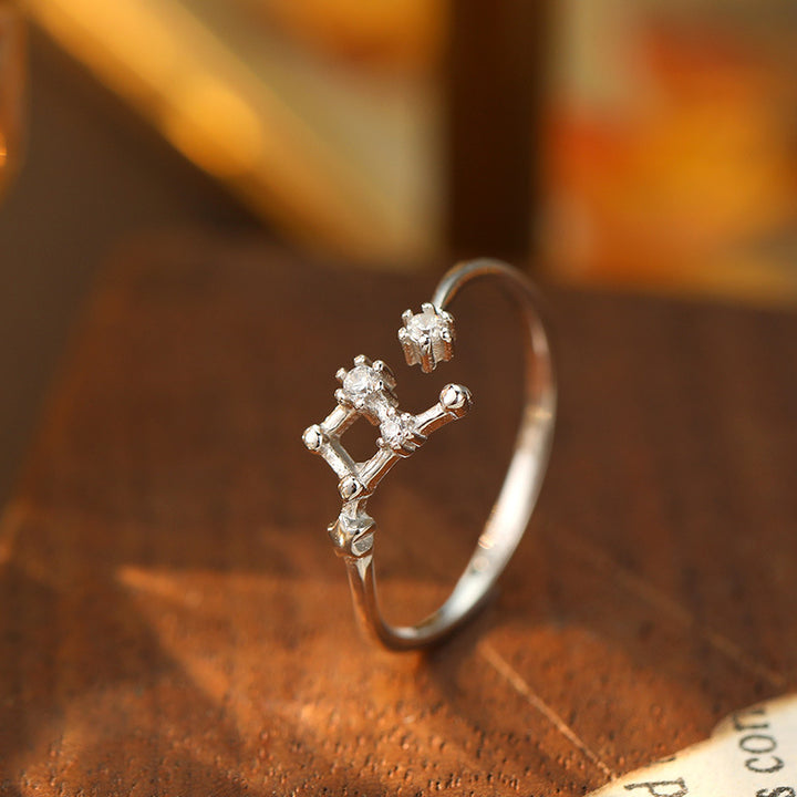 925 Silver Diamond-Inlaid 12 Constellations Open Adjustable Ring (Unisex Luxury Personalized Style)