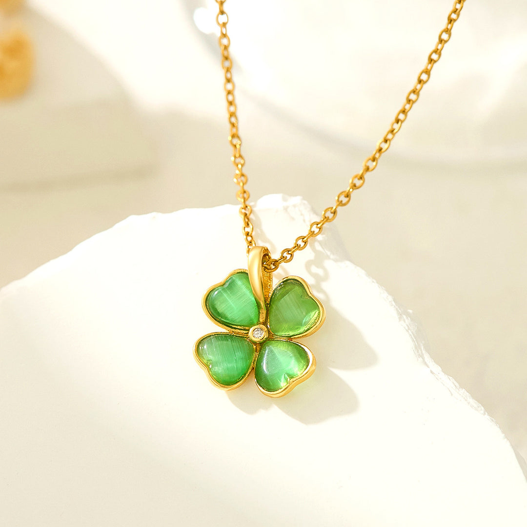 Cat's Eye Four-Leaf Clover Lucky Necklace, 2 Color Heart Petal 14K Gold Plated Choker