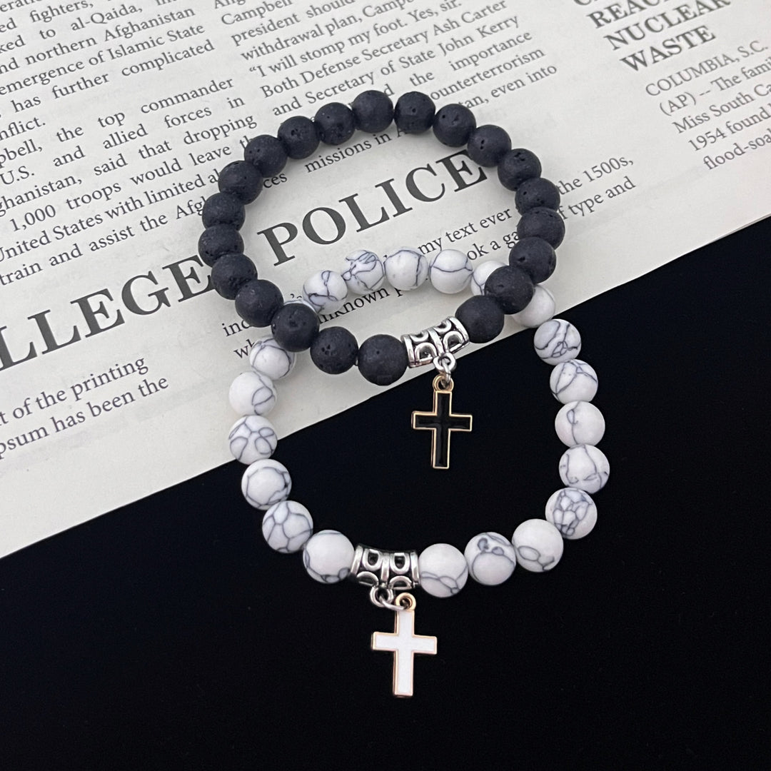 Black Lava Stone & White Turquoise Cross Couple Bracelets（1part/2 pcs）