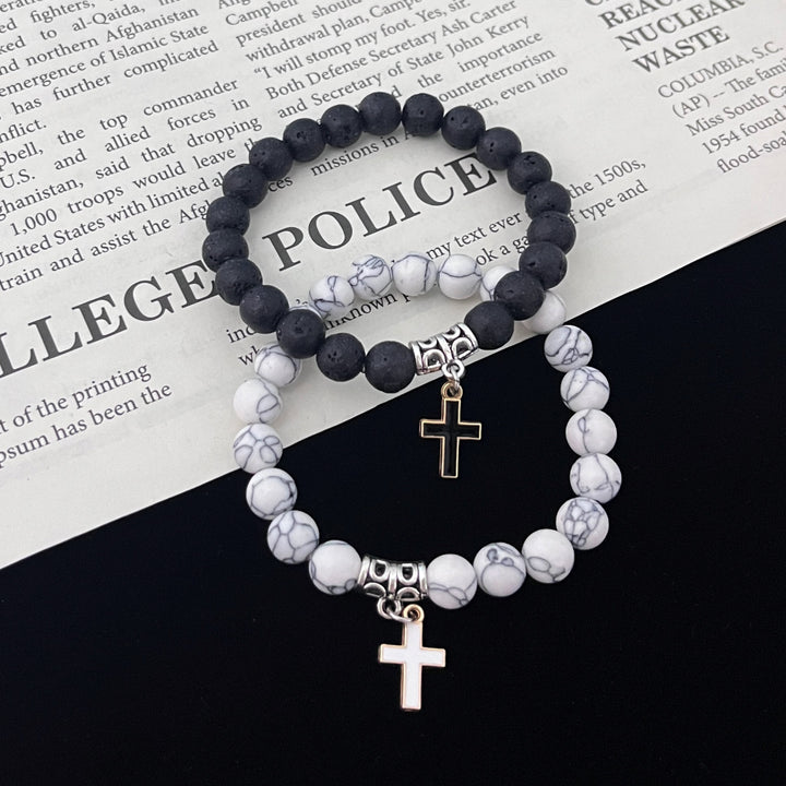 Black Lava Stone & White Turquoise Cross Couple Bracelets（1part/2 pcs）