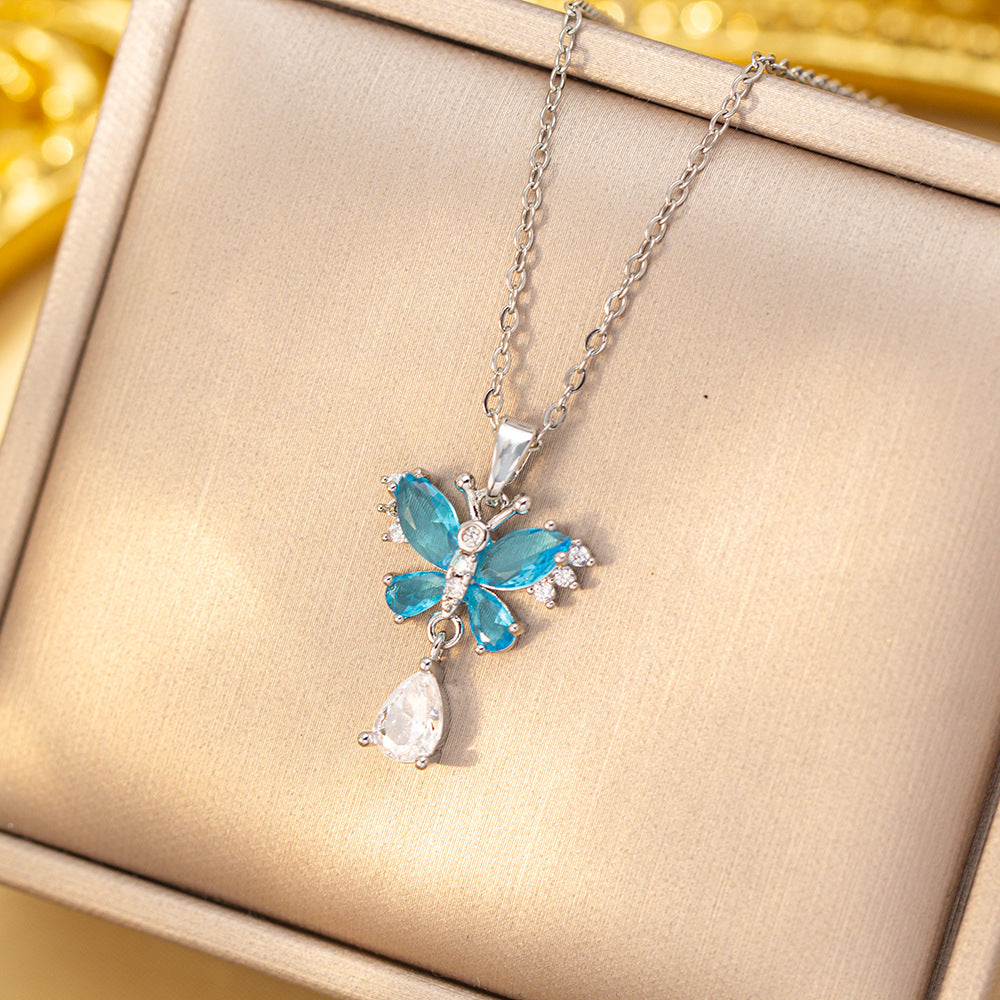 Double Butterfly Colored Diamond & Teardrop Pendant Choker (Sweet-Cool Girlish Heart Light Luxury Style)