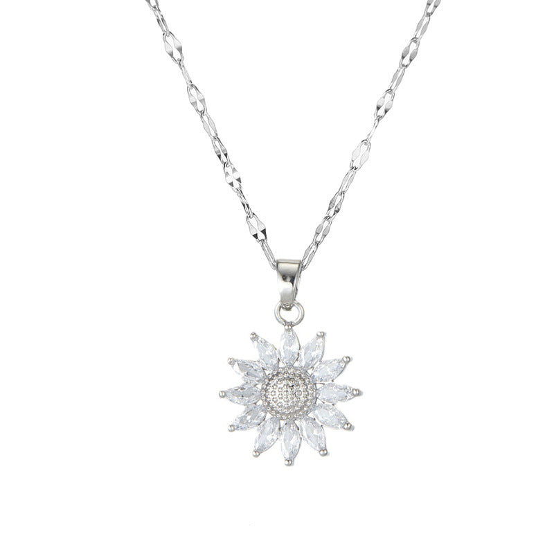Pave Diamond Sunflower Collarbone Necklace, Marquise Crystal Sun‑Flower Pendant, Gold & Silver Two‑Tone Multiple Chain Styles Dainty Jewelry