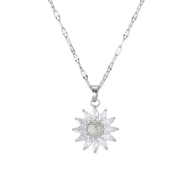Pave Diamond Sunflower Collarbone Necklace, Marquise Crystal Sun‑Flower Pendant, Gold & Silver Two‑Tone Multiple Chain Styles Dainty Jewelry
