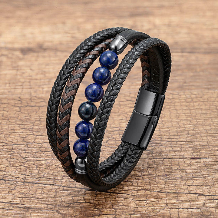 Natural Stone Beaded Braided Leather Men's Bracelet (Multi-Color Magnetic Clasp Wristband)