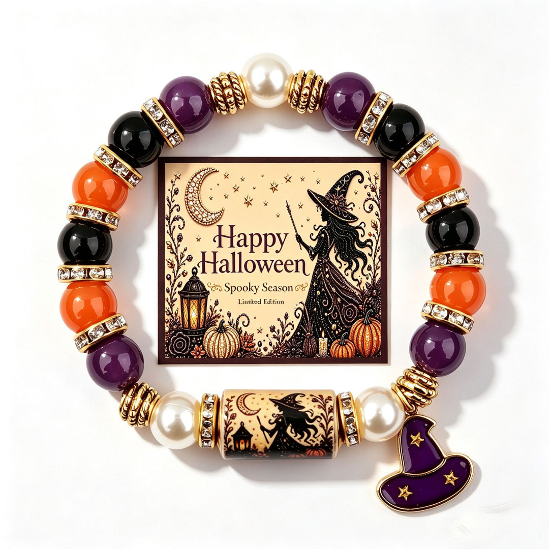Halloween Skull Moon Star Beaded Stretch Bracelet, Vintage Pumpkin Themed Wrist Jewelry