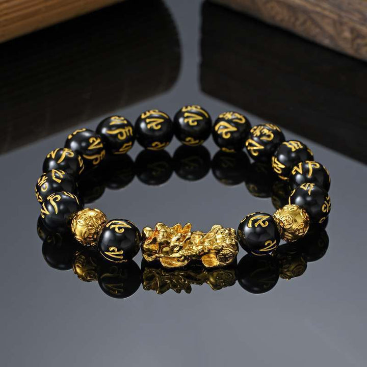 Gold‑Plated Pi Xiu Obsidian Bracelet, Six‑Word Mantra Black Round Bead Multi‑Style Men Single Strand Bracelet