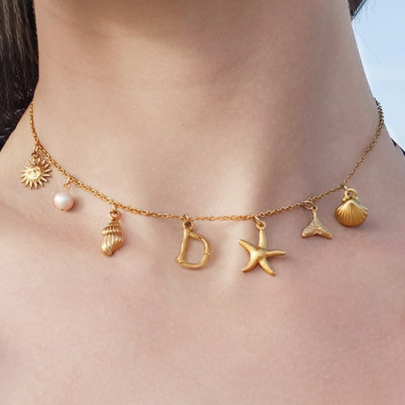 Ocean Vacation Multi-Charm Initial Choker, Starfish Shell Mermaid Tail Sun Pearl Custom Letter Thin Necklace for Women