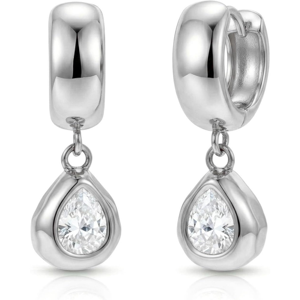S925 Silver Bezel Set Round & Pear Diamond Huggie Earrings, Polished Hoop Removable Charm Drop Earrings