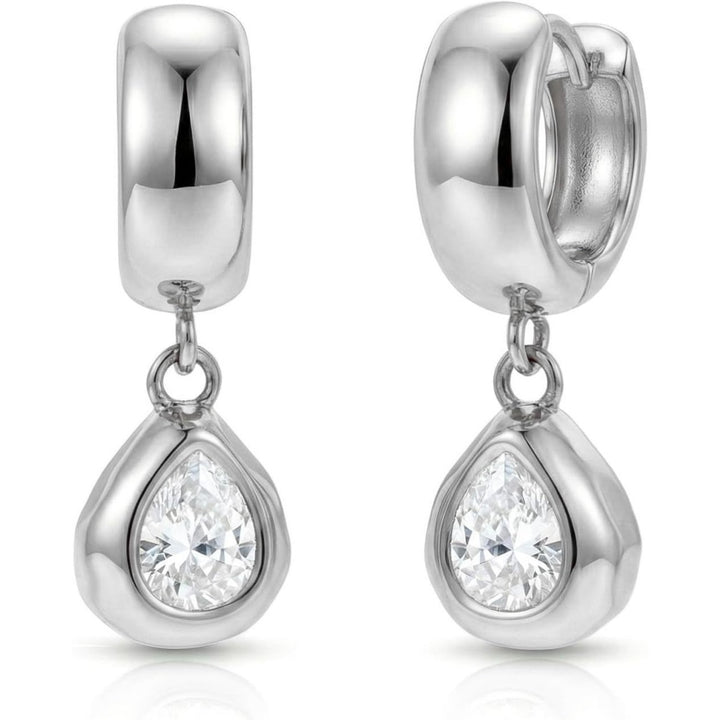 S925 Silver Bezel Set Round & Pear Diamond Huggie Earrings, Polished Hoop Removable Charm Drop Earrings