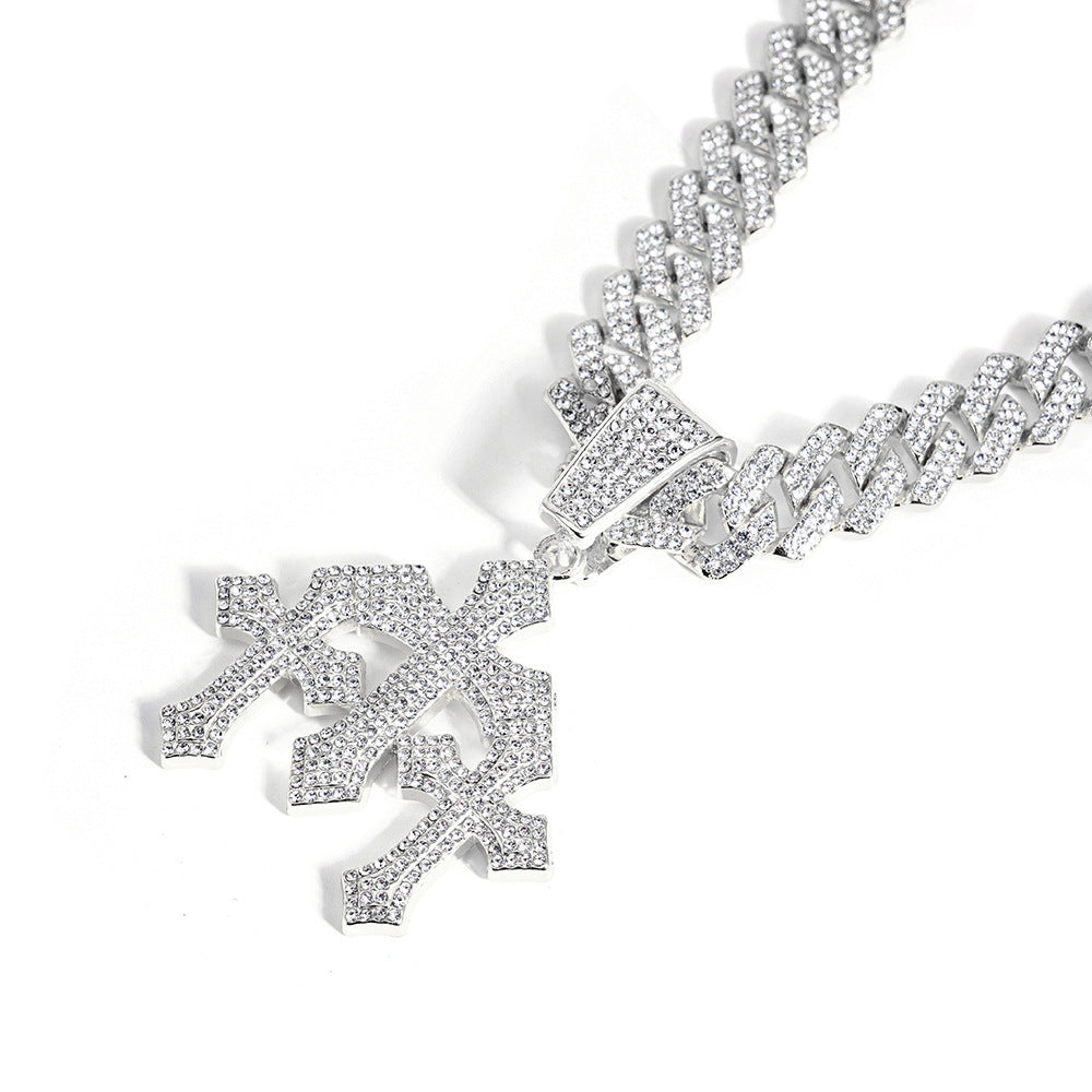 Iced Out Triple Cross Pendant Cuban Link Necklace, Hip Hop Heavy Diamond Chunky Chain Unisex Long Statement Necklace