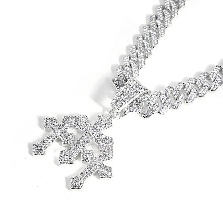 Iced Out Triple Cross Pendant Cuban Link Necklace, Hip Hop Heavy Diamond Chunky Chain Unisex Long Statement Necklace