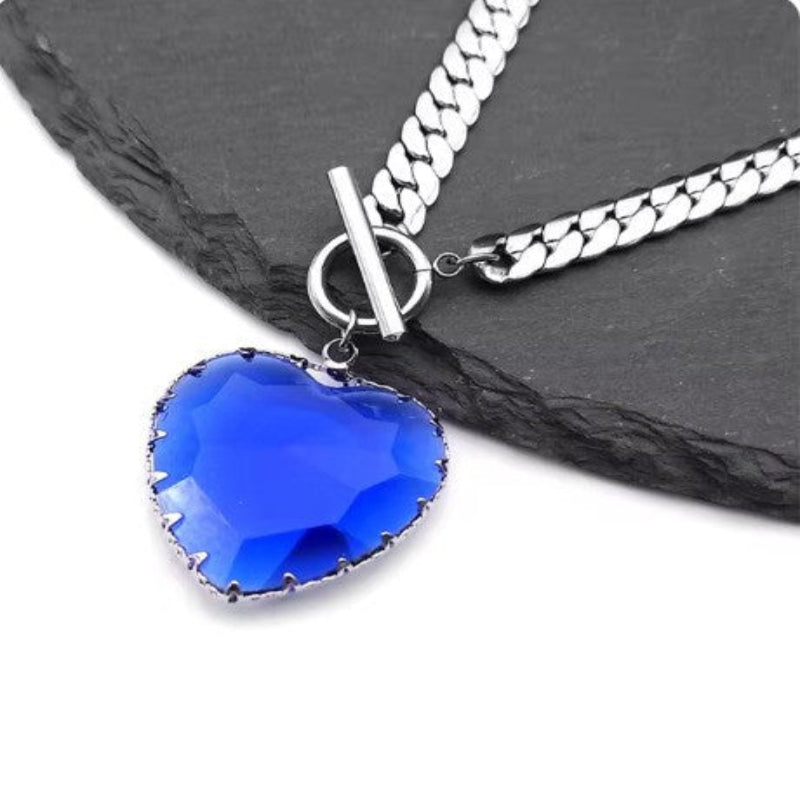 Large Heart Gemstone OT Clasp Cuban Link Necklace (Goth Sweet & Edgy Choker)