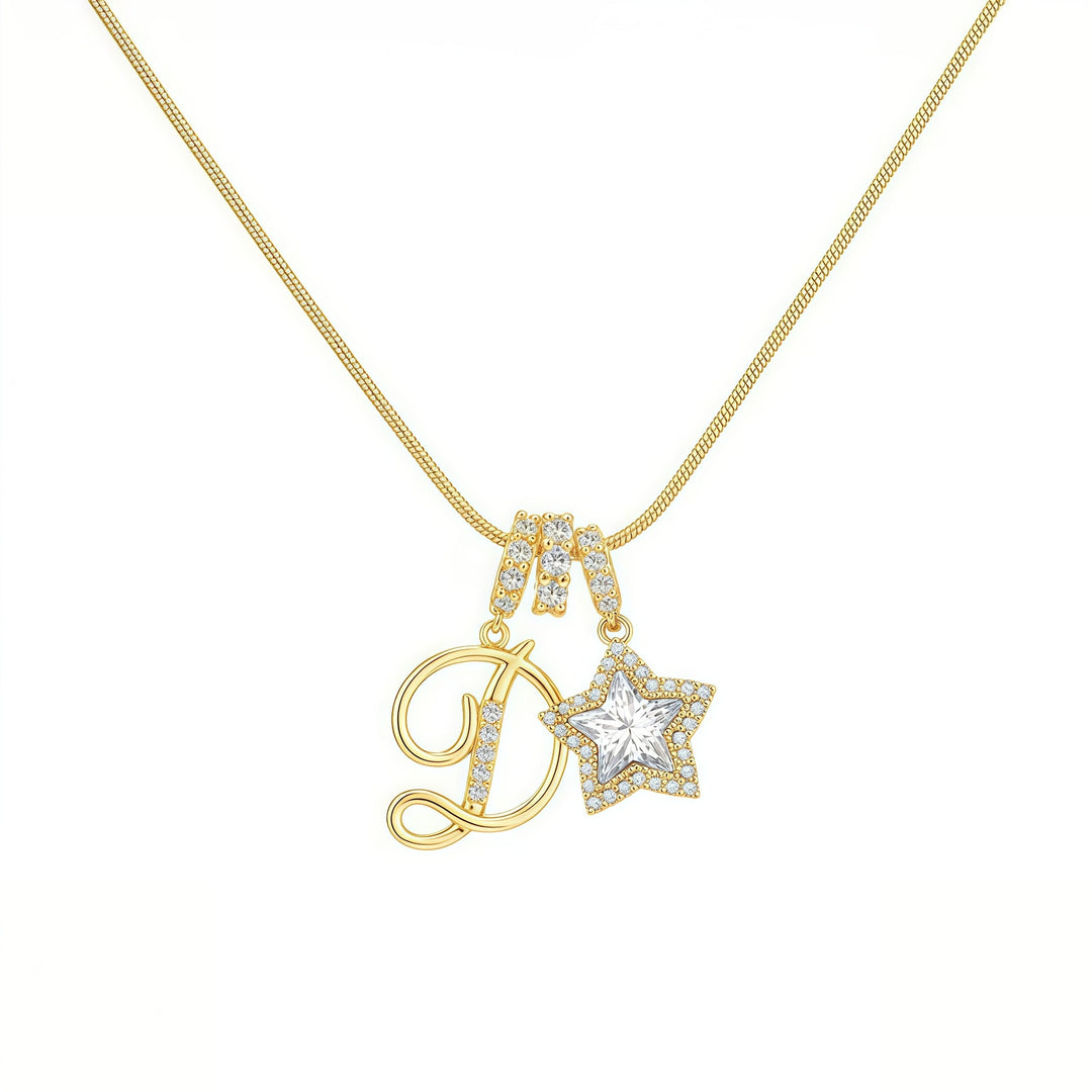 Script Initial Pave Star Dual Charm Snake Chain Necklace, Gold & Silver Custom Letter Choker