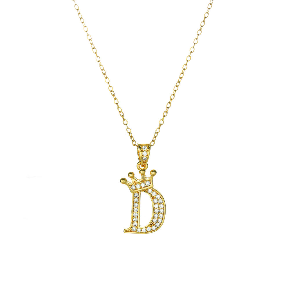 Crown Paved Diamond Initial Letter Necklace, 14K Gold Plated Personalized Dainty Chain, A-Z Available