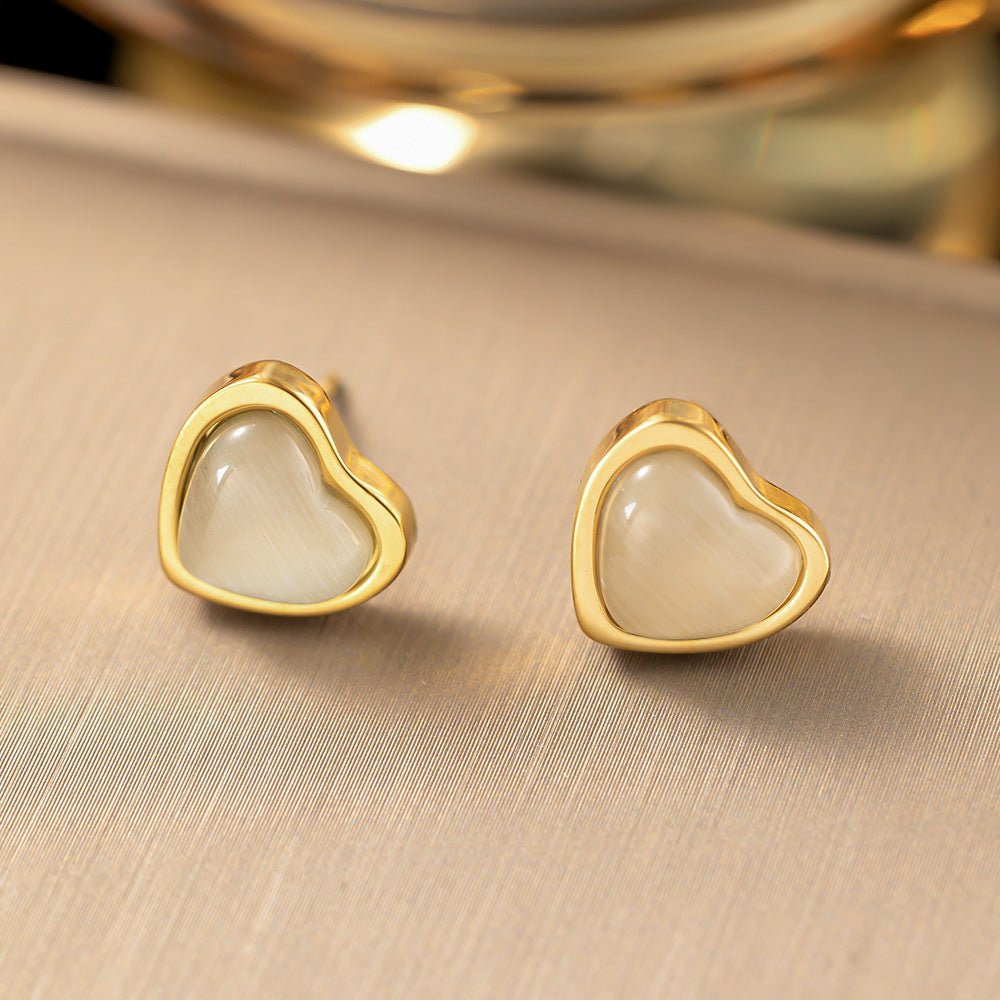 Sweet Heart Cat's Eye Jewelry Two-Piece Set, Gold-Plated Necklace & Stud Earrings Luxury Women Daily Accessory