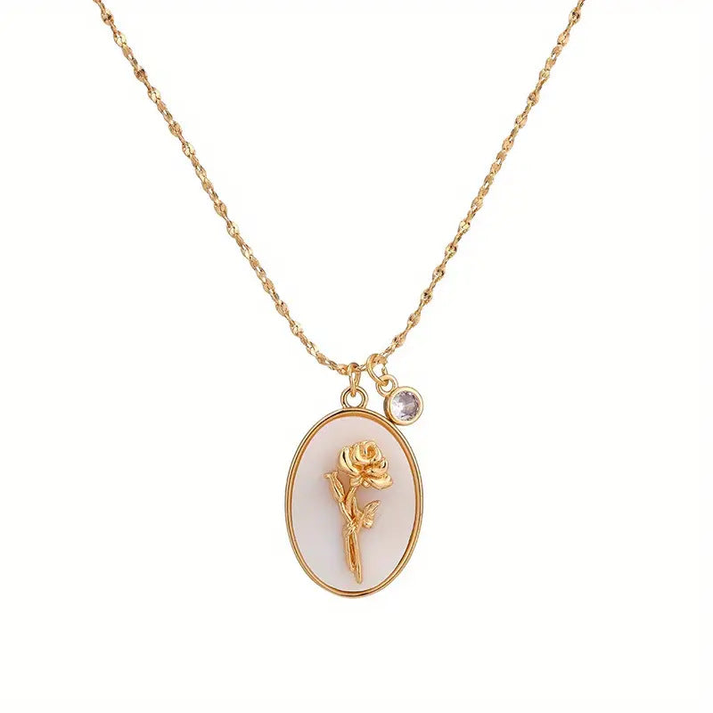 Mother-of-Pearl Carnation Birthstone Necklace (Gentle Gold Tone Pendant)