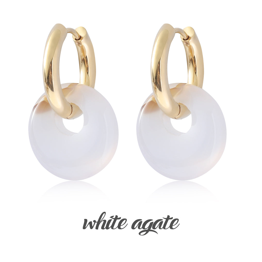 Multi-Color Natural Stone Donut S925 Silver Hoop Earrings, Gold Interlocking Geometric Huggie Earrings, Minimalist Dangle Earrings for Women, 9 Stone Options