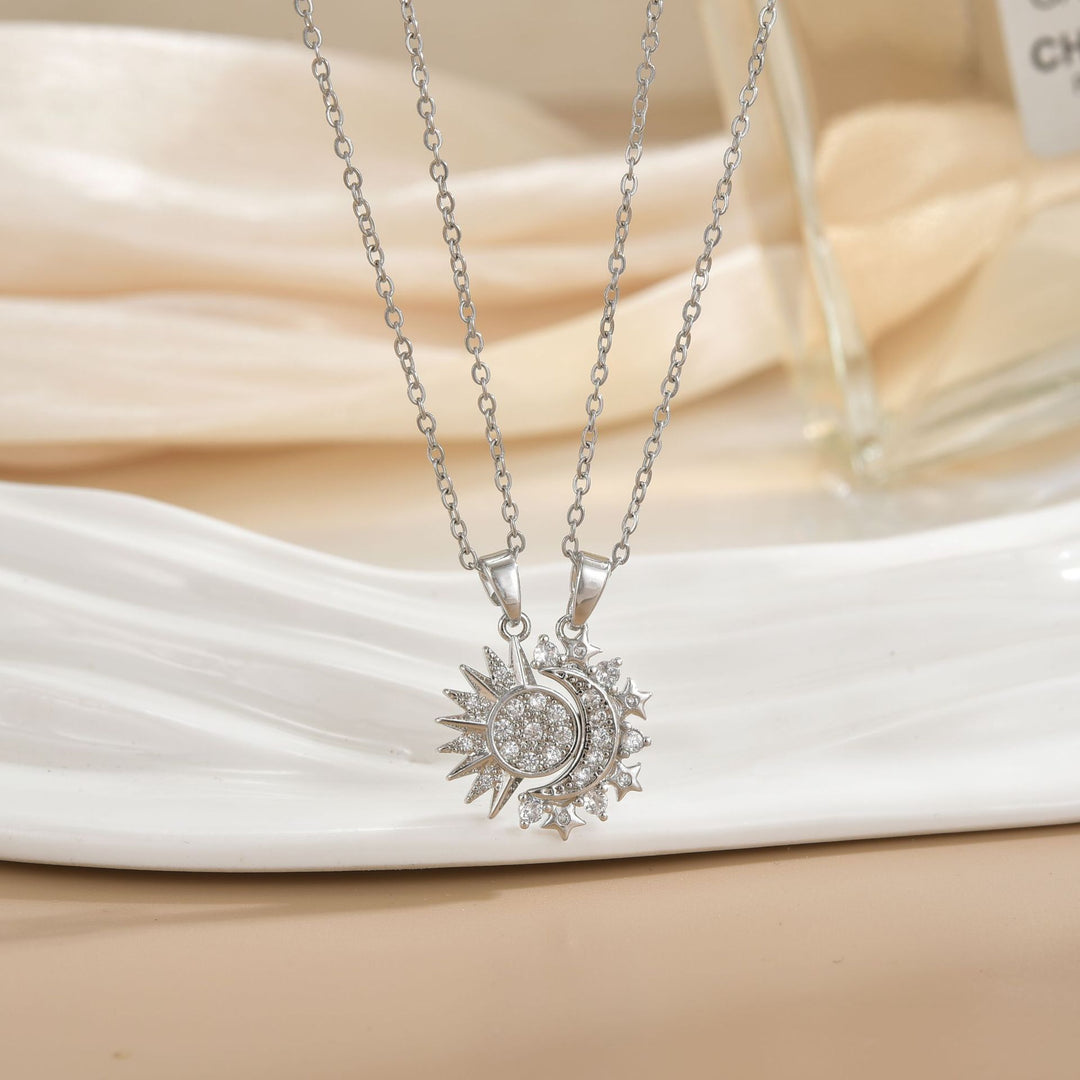 Detachable Sun & Moon Couple Necklaces, Multi-Color Paved Diamond Split Star Moon Pendant Dainty Clavicle Necklace