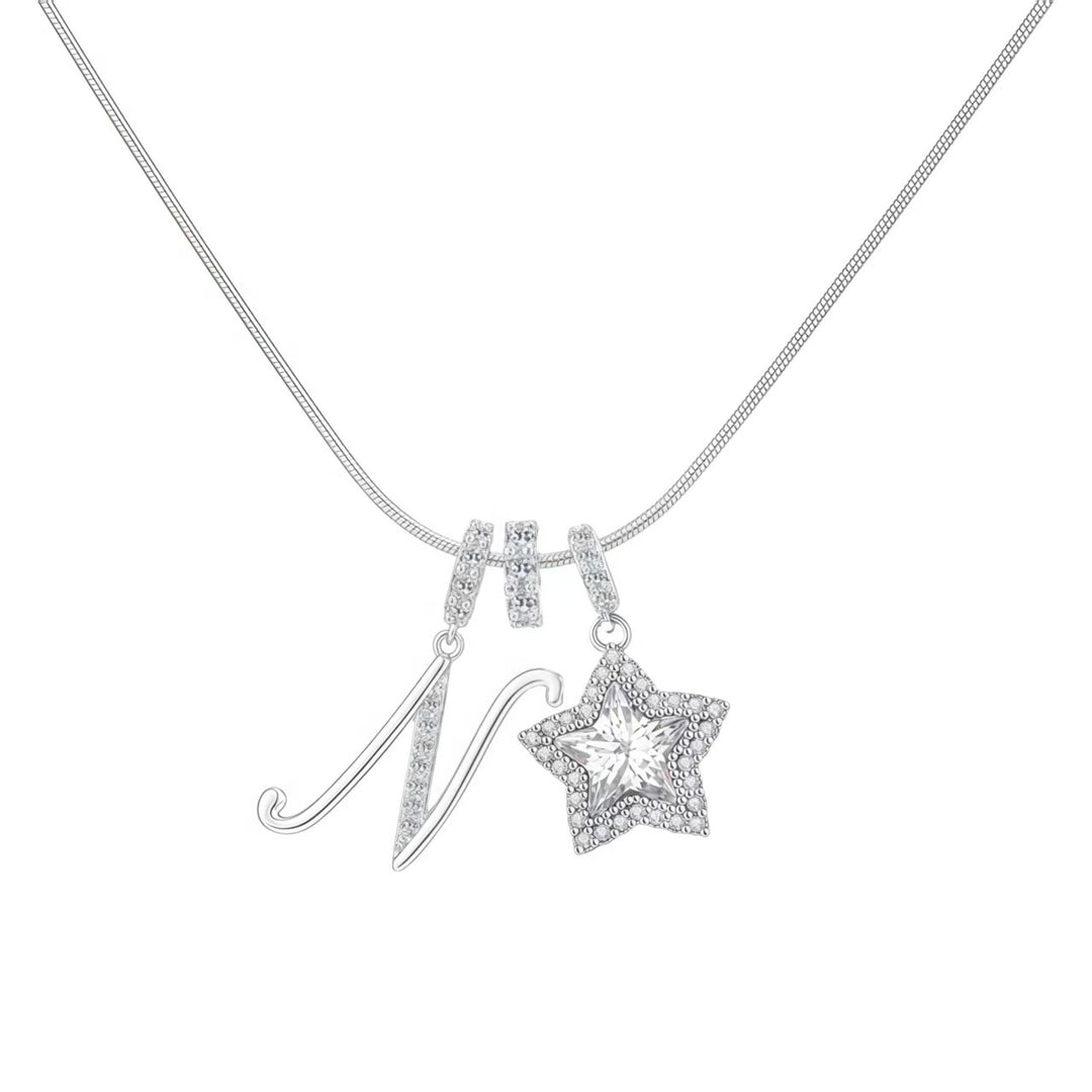Script Initial Pave Star Dual Charm Snake Chain Necklace, Gold & Silver Custom Letter Choker