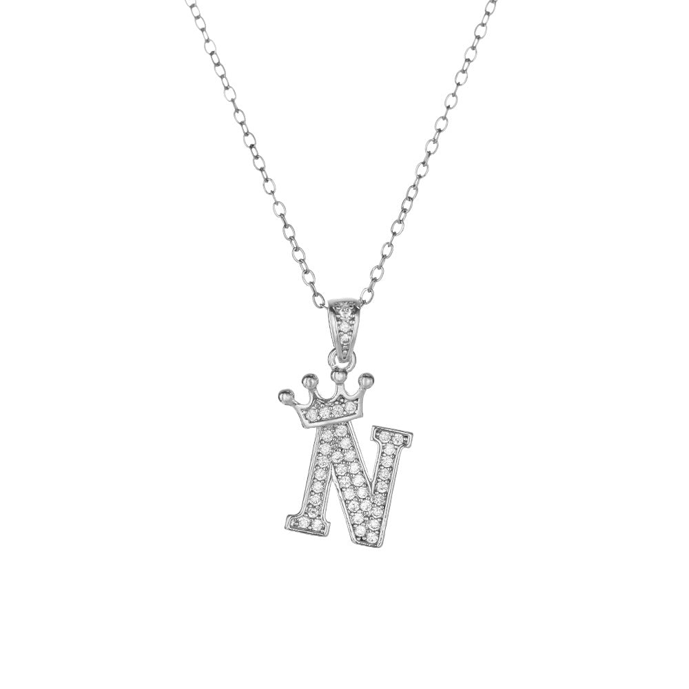 Crown Paved Diamond Initial Letter Necklace, 14K Gold Plated Personalized Dainty Chain, A-Z Available