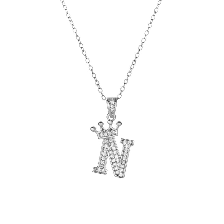 Crown Paved Diamond Initial Letter Necklace, 14K Gold Plated Personalized Dainty Chain, A-Z Available