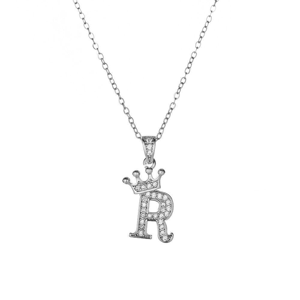 Crown Paved Diamond Initial Letter Necklace, 14K Gold Plated Personalized Dainty Chain, A-Z Available