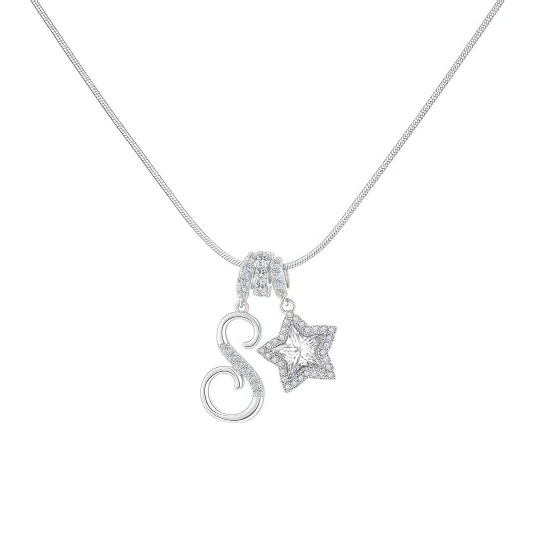 Script Initial Pave Star Dual Charm Snake Chain Necklace, Gold & Silver Custom Letter Choker