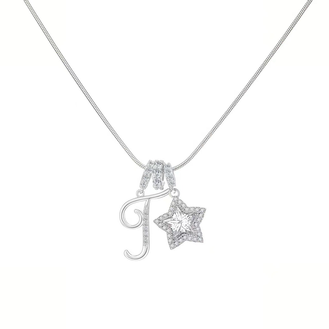 Script Initial Pave Star Dual Charm Snake Chain Necklace, Gold & Silver Custom Letter Choker