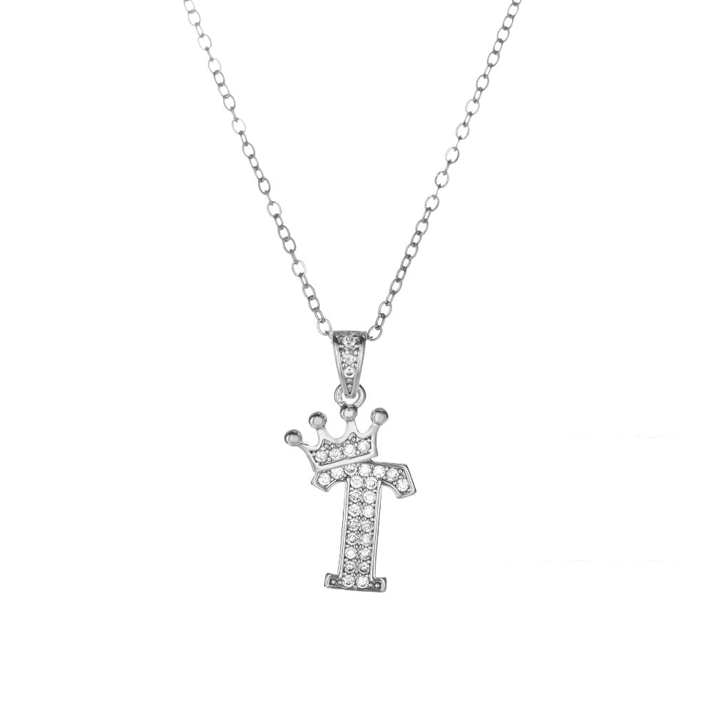 Crown Paved Diamond Initial Letter Necklace, 14K Gold Plated Personalized Dainty Chain, A-Z Available