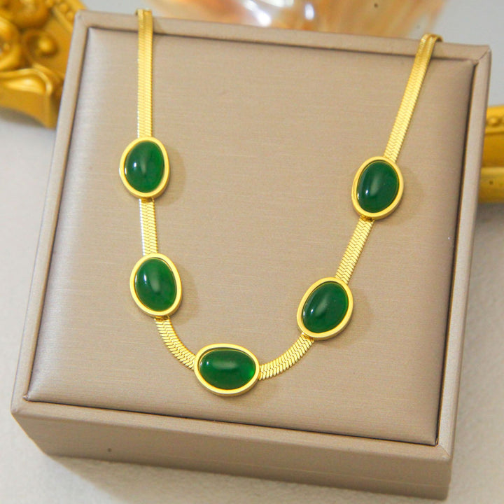 Vintage Oval Green Gemstone Snake Bone Necklace