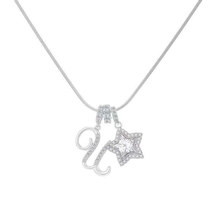 Script Initial Pave Star Dual Charm Snake Chain Necklace, Gold & Silver Custom Letter Choker