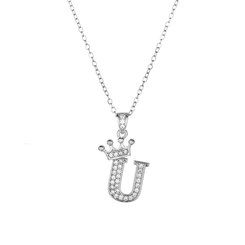 Crown Paved Diamond Initial Letter Necklace, 14K Gold Plated Personalized Dainty Chain, A-Z Available