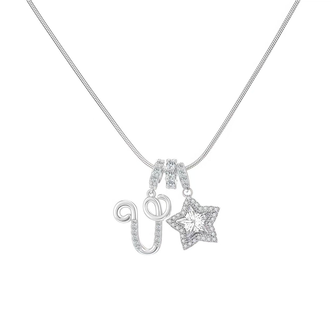 Script Initial Pave Star Dual Charm Snake Chain Necklace, Gold & Silver Custom Letter Choker